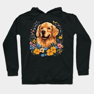 A Golden Retriever surrounded with wild flowers, illustration Hoodie